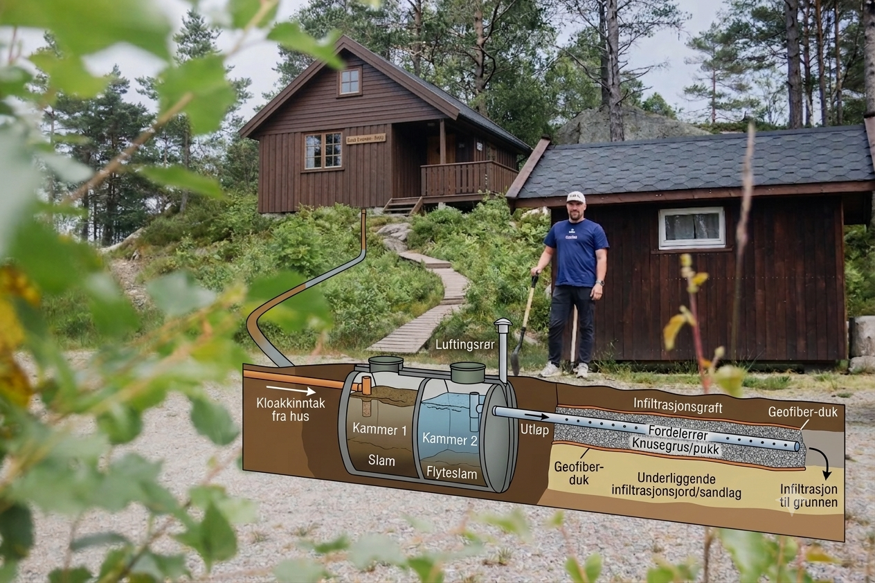 Illustrasjon av avløpsanlegg installert ved hytte